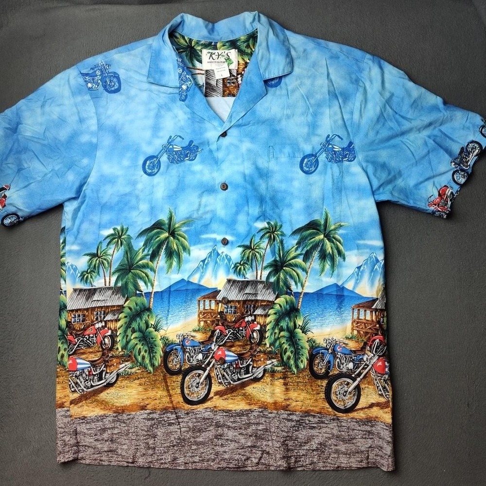 KY'S Made in Hawaii USA Shirt Mens Large Blue Aloha Hawaiian Motorcycle Scenic